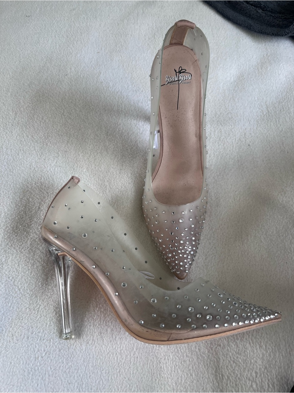 Bisou Bisou Clear PVC Stiletto Pumps with Blush Accents and Rhinestone Detailing